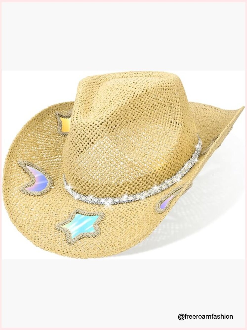 Straw Western Cowgirl Hat with Reflective Patches, Adjustable